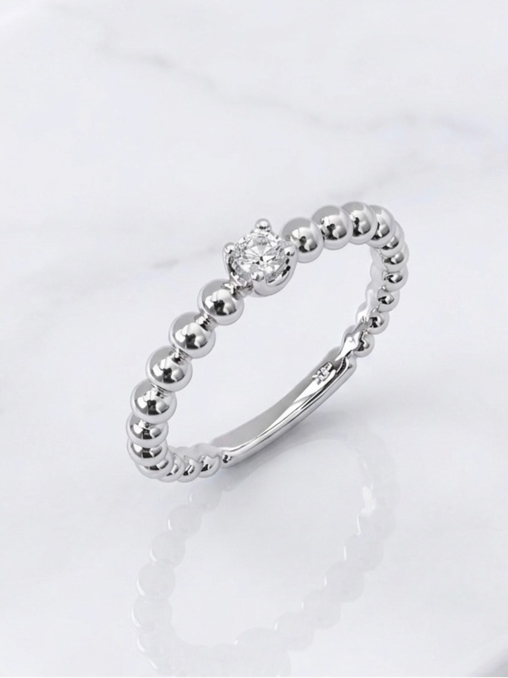Platinum Plated Beaded Ring w/ CZ Stone | Silver Tone Solitaire Beaded Ring